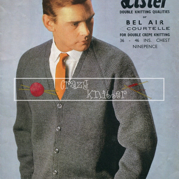 Men's Raglan Cardigan DK 36-46ins Lister 1637 Vintage Knitting Pattern PDF instant download