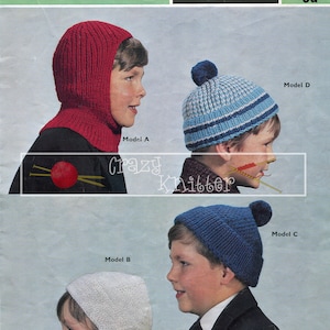 Childrens Helmets & Caps 6-10 years DK Sirdar 765 Vintage Knitting Pattern PDF instant download image 1