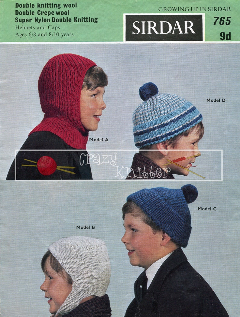 Childrens Helmets & Caps 6-10 years DK Sirdar 765 Vintage Knitting Pattern PDF instant download image 1