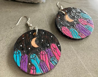 round wood earrings | wood earrings | boho earrings | crescent moon earrings | pink and purple earrings | small gift | spiritual gift |