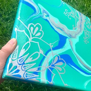 Teal, Silver and Blue Painting with Silver Mandalas Hand-Painted on the Corners