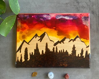 Mountain Sunset Wall Art Hand-Burned Mountains and Trees