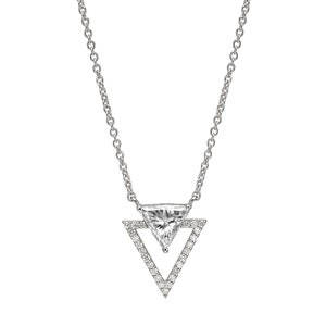 May include: A silver necklace with a triangular pendant featuring a large, clear gemstone surrounded by smaller gemstones.