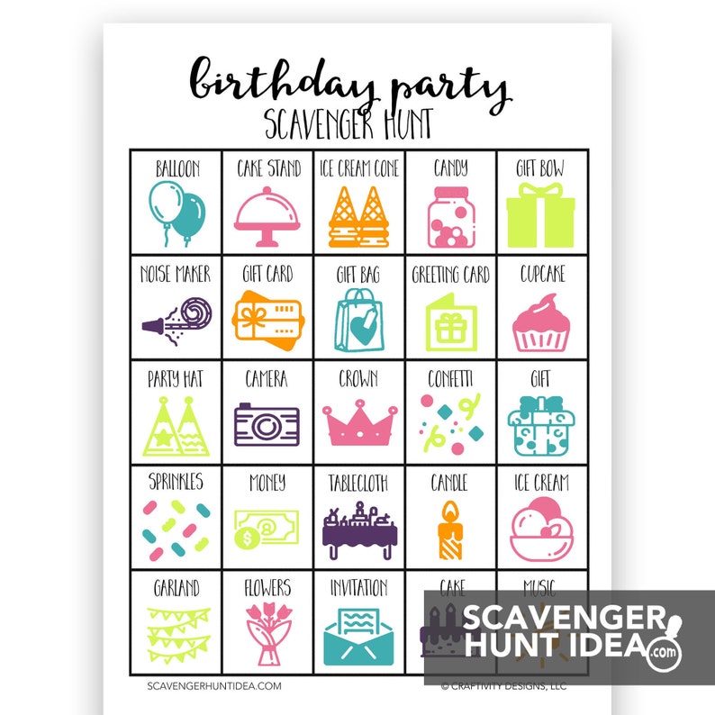 Birthday Party Scavenger Hunt Game Instant Download image 1