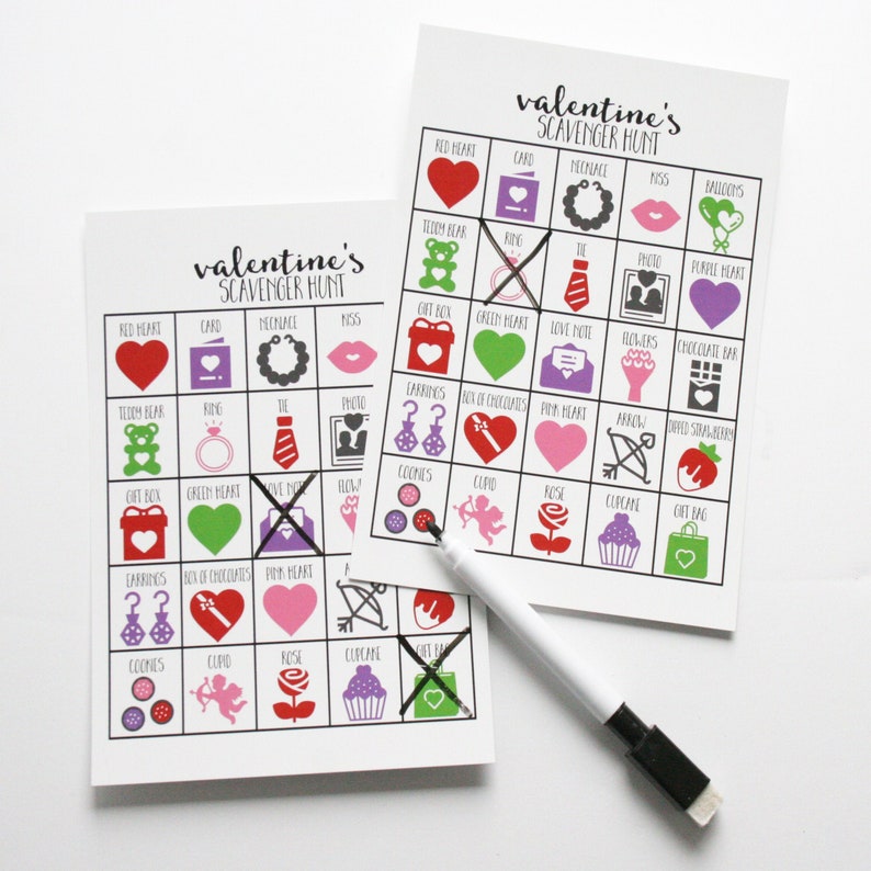 Valentines Scavenger Hunt for Kids, Valentines Party Game, 5x7, Dry-Erase markers Included, Set of 10 or 20 image 1