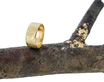 Wide raw silk textured, 100% recycled 18ct gold wedding ring - sustainable choice