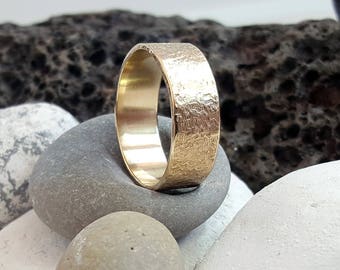 Wide, raw silk textured, 100% recycled gold wedding ring  - choose white, rose or yellow gold.