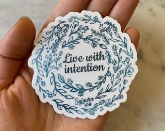 Live with intention sticker, Graduation gift for her, Cute sticker for water bottle, Laptop decal Laptop Sticker, Floral sticker inspiration