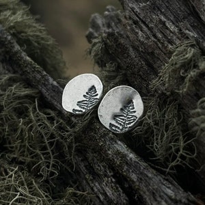 May include: A pair of silver earrings with a fern design. The earrings are round and have a textured surface. They are shown on a piece of wood with moss.