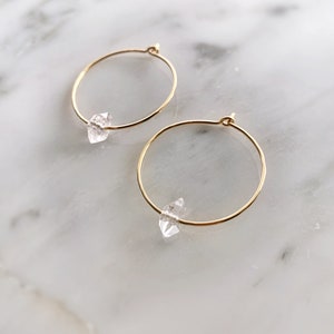 Herkimer diamond earrings, Hoop earrings with charm, Crystal hoop earrings, Stone hoop earrings Raw quartz earrings, Quartz point earrings