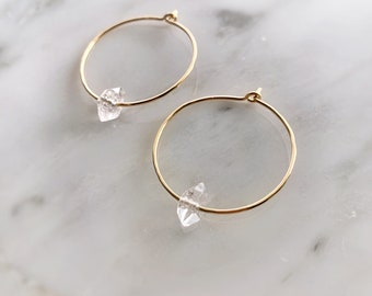 Herkimer diamond earrings, Hoop earrings with charm, Crystal hoop earrings, Stone hoop earrings Raw quartz earrings, Quartz point earrings