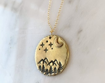 Wanderlust Jewelry, Nature Jewelry, Celestial Jewelry, Hand Stamped Necklace, Moon Necklace, Stamped Mountain Necklace 28" Gold Filled Chain