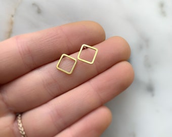 Open Diamond Studs, Gold Square Studs, Geometric Stud Earrings, Dainty Earring Studs, Minimalist Earrings Gold, Open Square Stud Earrings