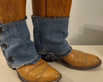 Vintage Justin Cowboy Boots with Denim Boot Chaps UpCycledRose Just Vintage Rare Find 6.5 Women's Cowgirl Glam In Stock Ready to Ship