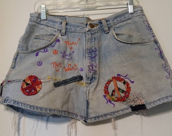 Mini Skirt Repurposed Denim Blue Jean Baby 1970s Inspired Authentic Hippie Jean Skirt Hand Painted Recycled Sustainable Art to Wear In Stock