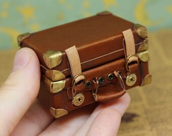 Miniature vintage brown suitcase Dollhouse Suitcase Vintage luggage Doll case Tiny travel Little doll baggage