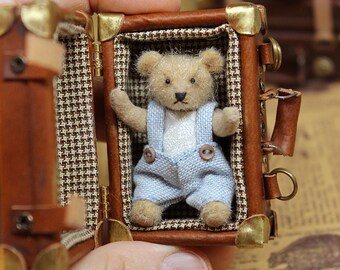 Antique teddy bear in a vintage suitcase Miniature Artist memory bear Mohair bear Dollhouse dolls Plush bear