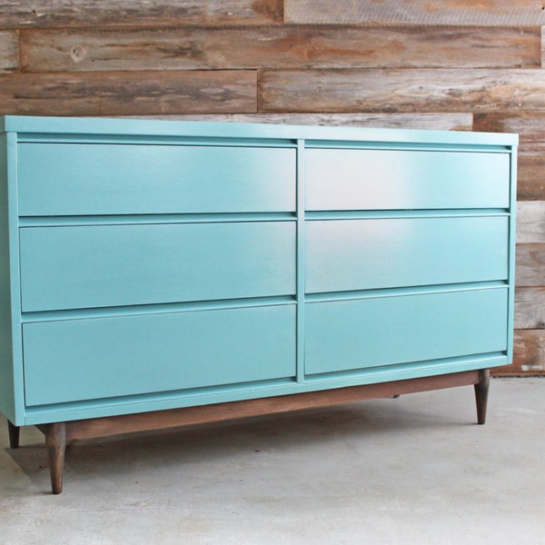 Painted Turquoise Teal Vintage MCM Mid Century Modern Credenza Dresser Chest of Drawers Changing Table Media Console