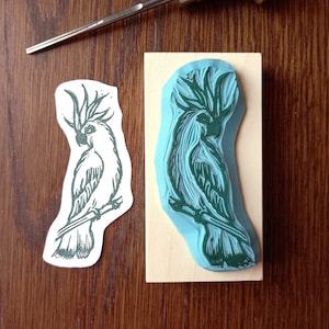 Tampon cacatoes - tampon gravé à la main - décorations textiles, papier cadeau, scrapbooking - hand-carved stamps - perroquet