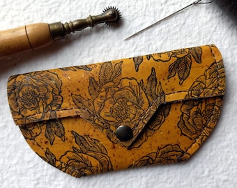 Dark yellow cork purse - hand printed