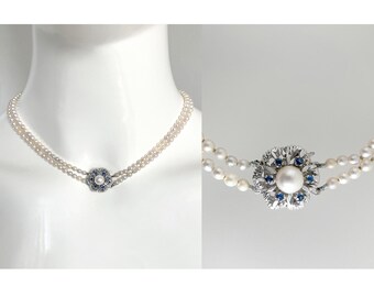 Vtg 14k White GOLD Akoya PEARLS 6 Blue SAPPHIRES Double Strand Necklace By JK8 1950s - Near Mint Condition !