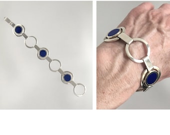 VTG FRANZ SCHEUERLE 925 Sterling Silver Link Bracelet Blue Enamel Mod Space Age 1960s - Excellent Condition !