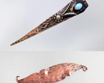 SET 1920s HENDRIK METHORST (?) Dutch Art Deco Amsterdam School Brooches Brass Copper Opalite Hammered Netherlands - Excellent Condition !