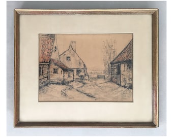 Antique 1939 JOS BUT Signed Drawing Zeeland Rural Farmers Hamlet Village The Netherlands - Excellent Condition !