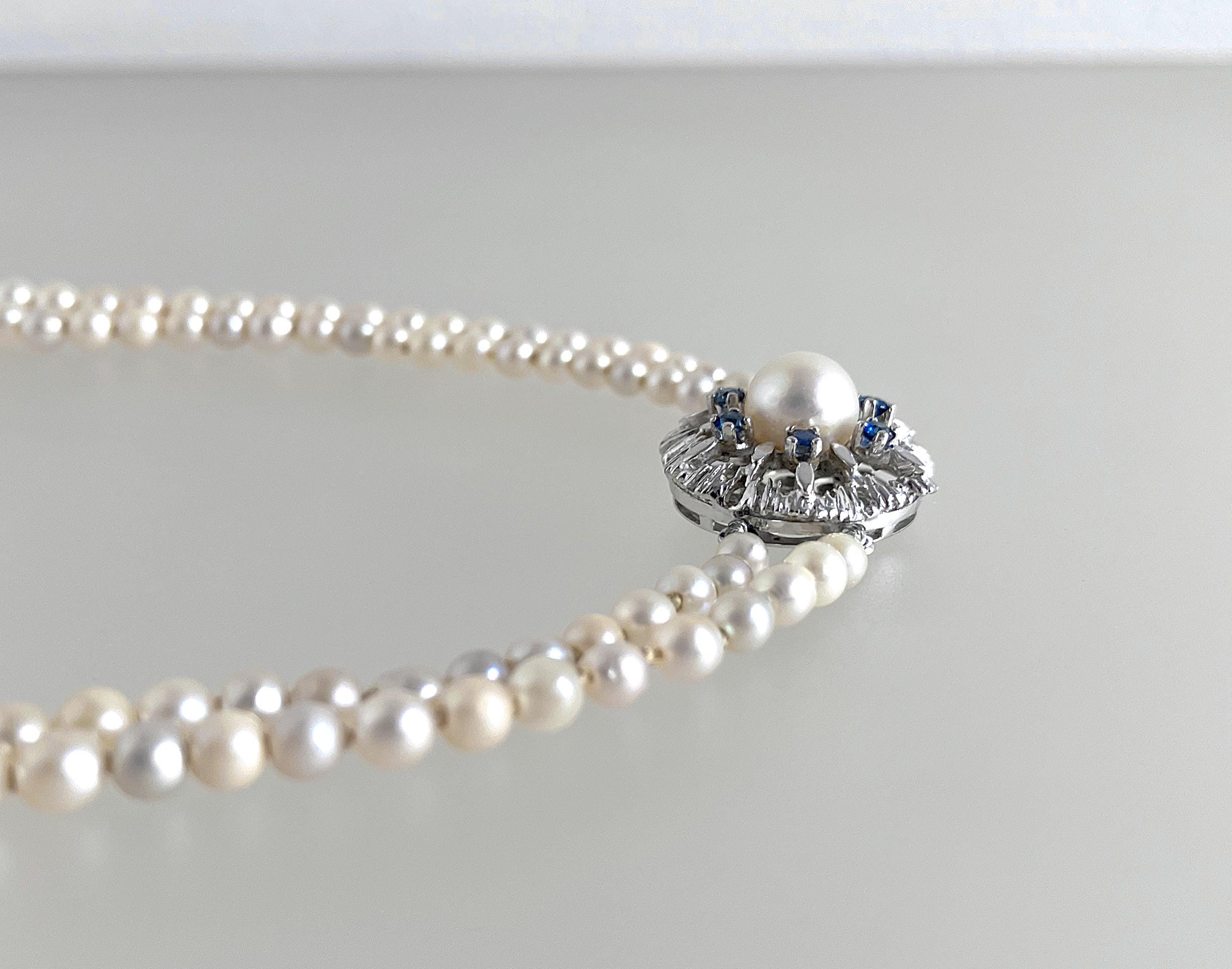 Vtg 14k White GOLD Akoya PEARLS 6 Blue SAPPHIRES Double