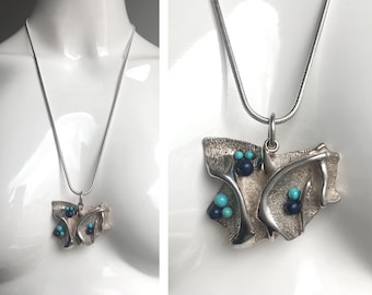 Vtg 1970 GROSSE 925 STERLING SILVER Lapis Lazuli Turquoise Necklace Pendant Modernist Statement Runway - Near Mint Condition !