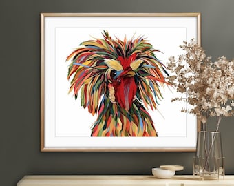 Fancy Rooster with Colorful Feathers Unframed Fine Art Print on Paper by Colorado Artist Robin Arthur | Exotic Chicken and Rooster Art