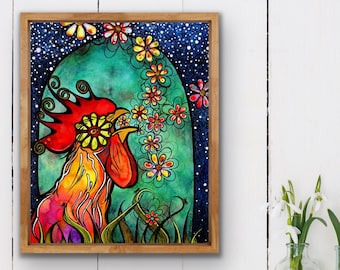 Coq qui chante avec des fleurs et des étoiles Impression d'art sans cadre par l'artiste du Colorado Robin Arthur | Art de poulet rouge, jaune, bleu et turquoise