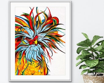 Fancy Silkie Rooster Impresión de bellas artes sin marco en papel por el artista de Colorado Robin Arthur / Modern Farmhouse Wall Decor