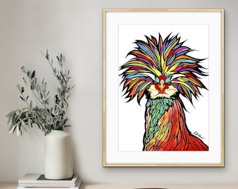 Fancy Silkie Chicken Unframed Fine Art Print by Colorado Artist Robin Arthur | Red, Green and Bright Colors Chicken on a White Background