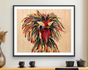 Fancy Rooster with Colorful, Long Feathers Unframed Fine Art Print on Paper by Colorado Artist Robin Arthur | Exotic Chicken and Rooster Art