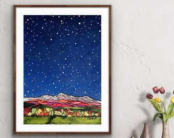 Starry Night Sky Over Snowy Colorado Mountains With Alpenglow By Paonia, Co Artist Robin Arthur • Several Sizes Available • Free Shipping!