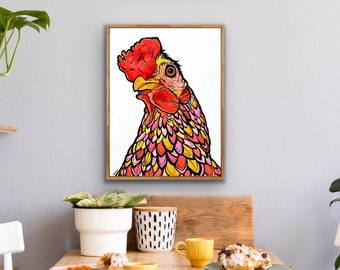 Rosa, Gelbes und Rotes Huhn | Ungerahmt Fine Art Print von Colorado Künstler Robin Arthur | Zeitgenössische, moderne Hühner Wandkunst auf Papier