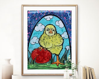 Sassy Little Baby Chicken and Egg Unframed Fine Art Print par l'artiste du Colorado Robin Arthur | Art de poulet mignon pour un décor de ferme moderne