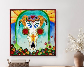 Cow Skull with Flowers and Sunbeams Unframed Fine Art Canvas Print by Colorado Artist Robin Arthur | Contemporary Southwestern Decor