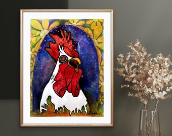 Hahn und gelbe Blumen Ungerahmt Fine Art Print von Colorado Künstler Robin Arthur | Geschenk für Hühnerliebhaber!