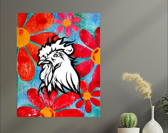 Cabeza de gallo blanco con flores rojas y amarillas Impresión de bellas artes sin marco por el artista de Colorado Robin Arthur / Wall Picture Gift Home Decor