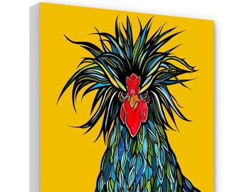Chicken Art Print on Fine Art Paper by RobiniArt \u2022 Polish or Silkie Chicken over a Photo of Toy Dairy Cows \u2022 Fun Funky Chicken Art!
