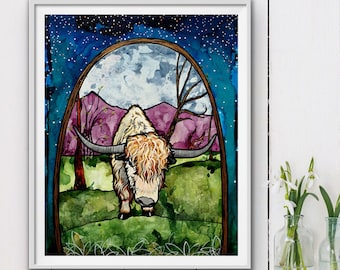 White Yak Landscape Unframed Fine Art Print on Paper by Colorado Artist Robin Arthur | Contemporary Animal Art with Green, Purple and Blue