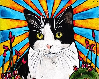 Black and White Cat Art Print • Tuxedo Cat Wall Art on Paper • Cute, Brightly Colored Cat Art • Great Gift for Cat Lovers! • Several Sizes