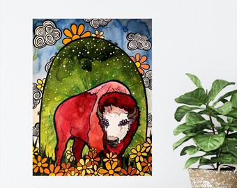 Bison or Buffalo Spirit Animal Unframed Fine Art Canvas Print by Colorado Artist Robin Arthur | Whimsical, Bohemian, Contemporary Animal Art