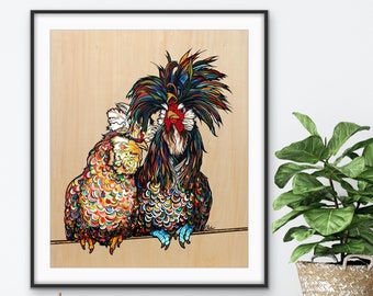 Buff Polish Chicken and Rooster Unframed Fine Art Print on Paper by Colorado Artist Robin Arthur | Contemporary Chicken Couple in Love