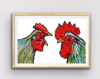 Red and Green Chicken and Rooster Unframed Fine Art Print on Paper by Colorado Artist Robin Arthur | Modern Farmhouse Kitchen Decor