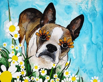 Adorable Brindle Boston Terrier Wall Art on Paper • Great Dog Lover Gift! • Super Cute and Happy Art! • Professionally Printed and Shipped!