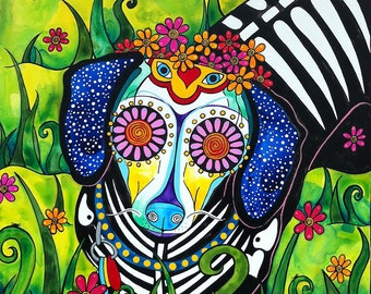 Dachshund Art Print by RobiniArt! • Brightly Colored Sugar Skull Dachshund Art  • Day of the Dead, Contemporary Dog Art, Mexican Style Decor