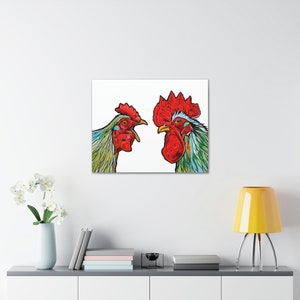 Red and Green Chicken and Rooster Unframed Fine Art Print on Canvas by Colorado Artist Robin Arthur Modern Farmhouse Kitchen Decor image 5